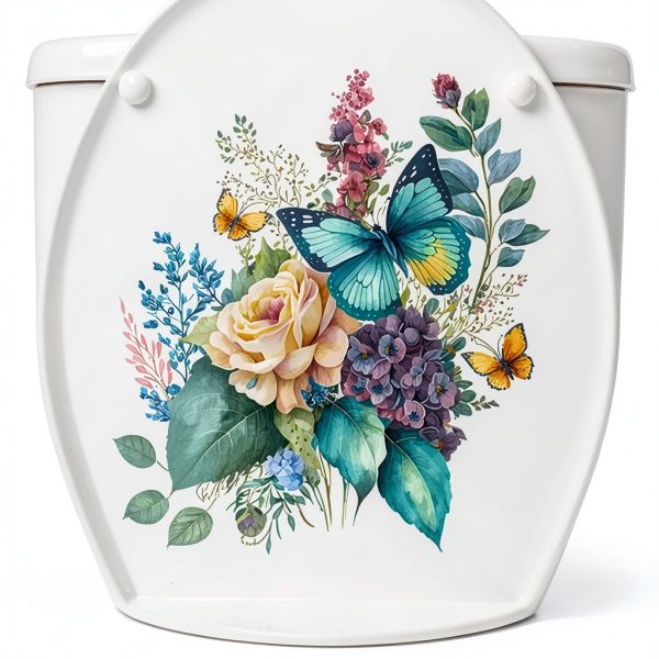 Toilet Stickers, Peony Butterflies Bathroom Toilet Seat Lid Cover Decals Waterproof Self-Adhesive Wall Sticker Toilet Lid Decals for Bathroom Accessories-0
