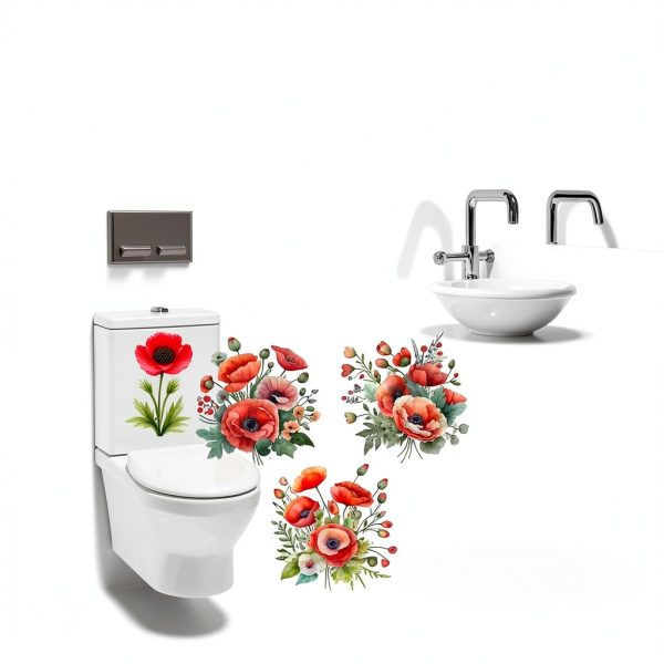 Red 3D Poppy Flowers Toilet Seat Sticker by Zhuluck 3-Piece Set-1